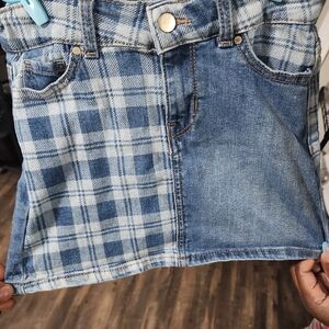 Denim Plaid Patch Skirt - Blue -